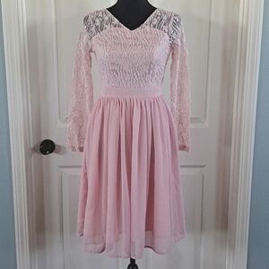 Formal Lace Cocktail Party Fancy Pastel Long Sleeve V-Neck Chiffon Women's Dress